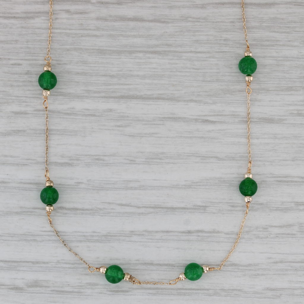 Gray 18.5" Green Quartz Bead Station Necklace 14k Yellow Gold Rope Chain