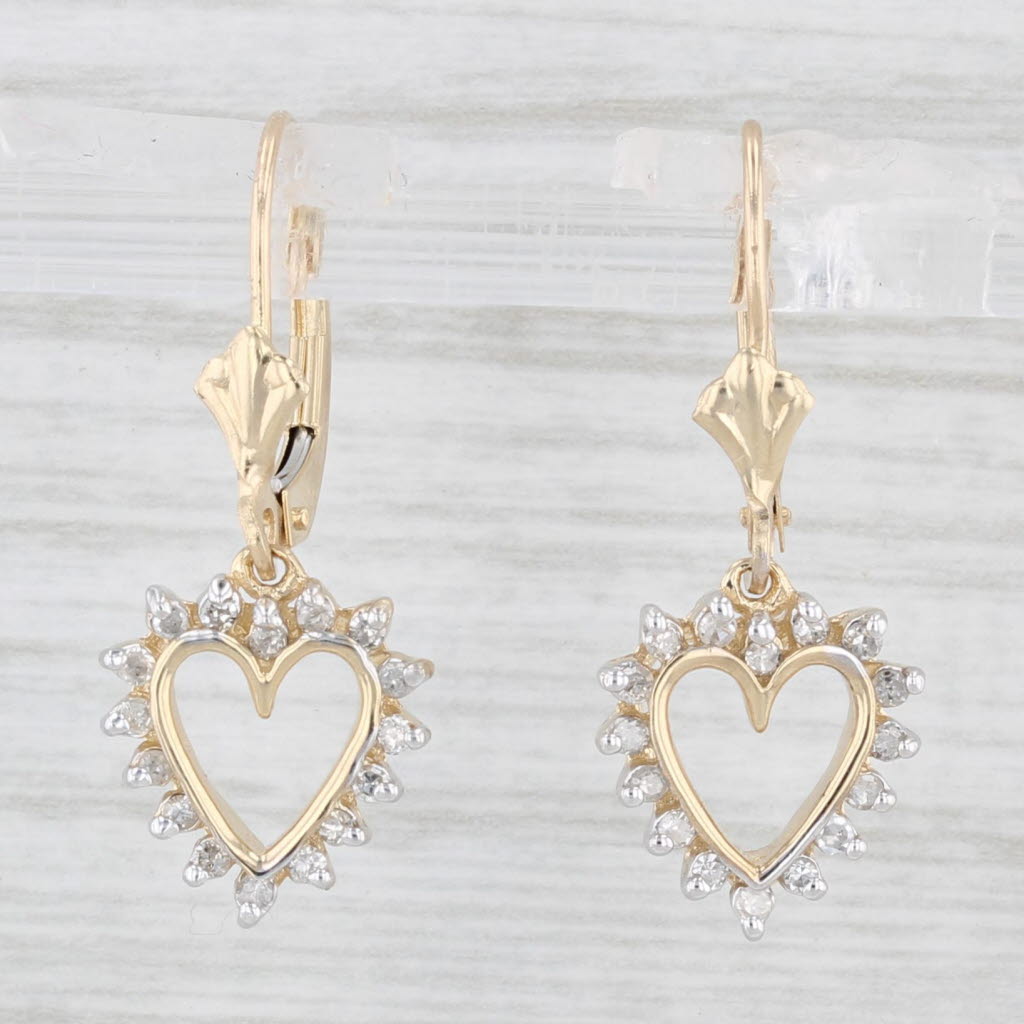 Light Gray 0.25ctw Diamond Open Heart Dangle Earrings 10k Yellow Gold Drops