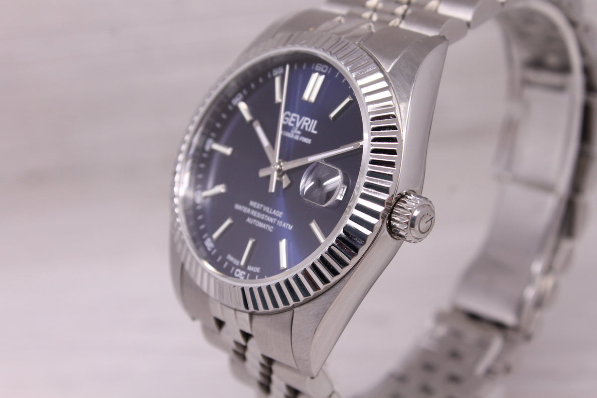 Gevril West Village Mens 40mm Steel Automatic Watch w/ Box Blue Dial 48900