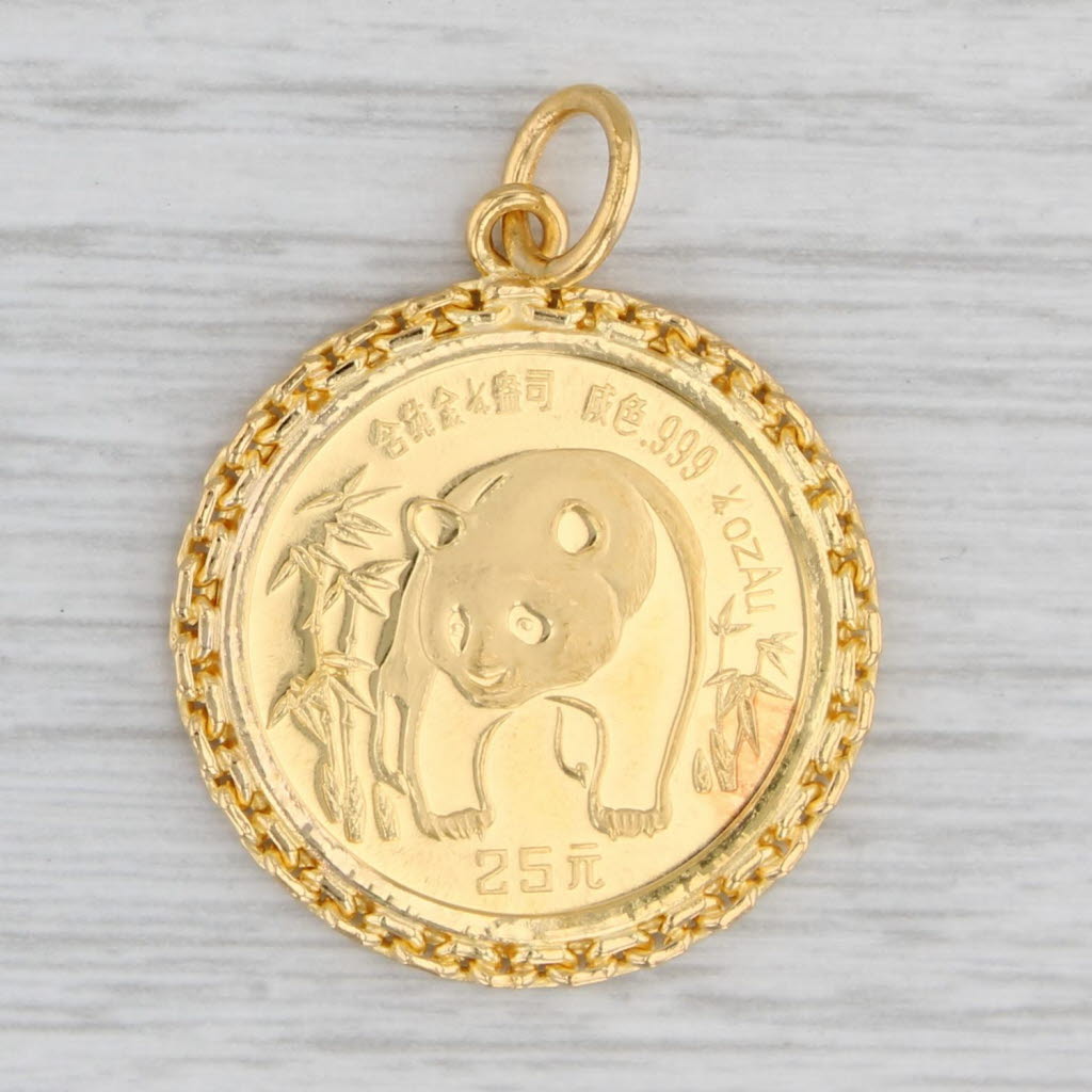 Gray Authentic 1986 Chinese Panda Coin Pendant 1/4 oz 25 Yuan 999 Fine Gold 21k Bezel
