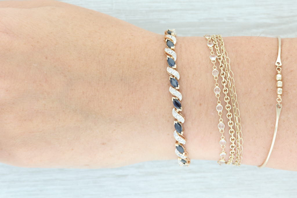 6.69ctw Blue Sapphire Diamond Scalloped Tennis Bracelet 14k Yellow Gold 6.75"
