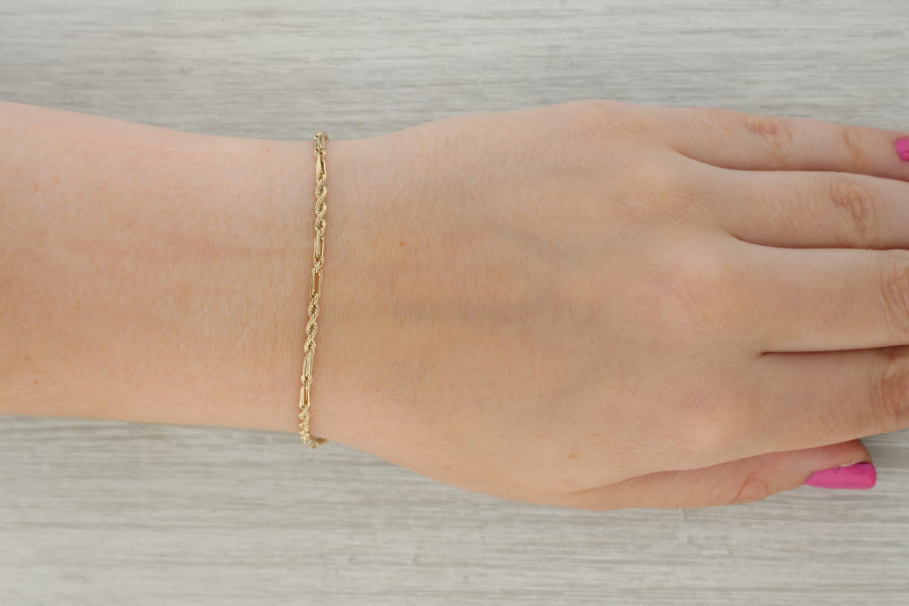 Rosy Brown Rope Chain Bracelet 14k Yellow Gold 7.25" 2mm
