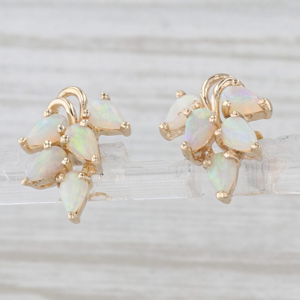 Light Gray Opal Cluster Stud Earrings 14k Yellow Gold Pear Cabochons