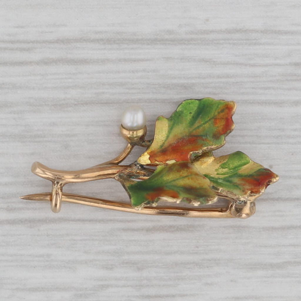 Gray Antique Seed Pearl Enamel Leaf Brooch 14k Yellow Gold Pin