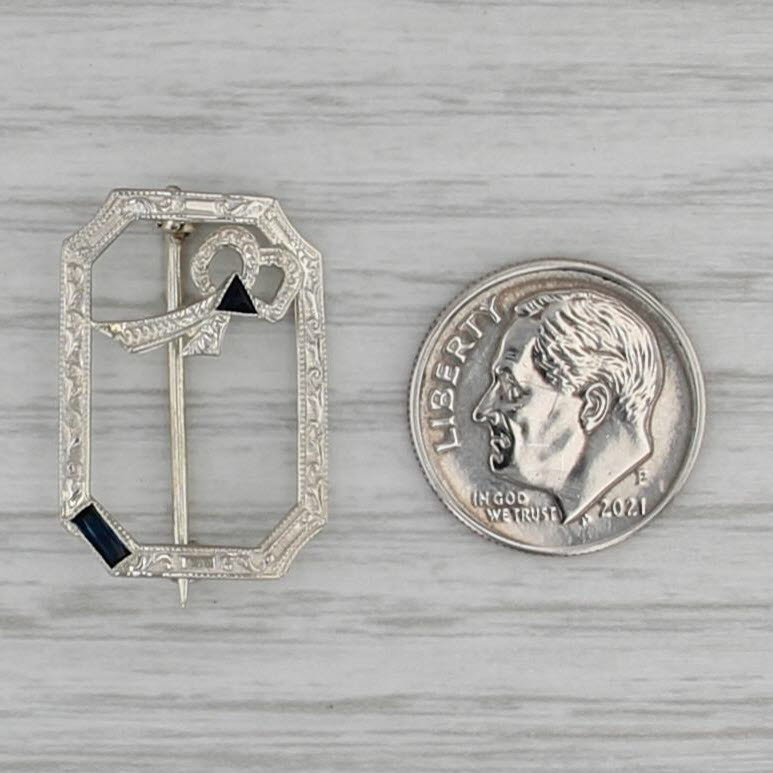 Vintage Lab Created Sapphire Pin 10k White Gold Brooch