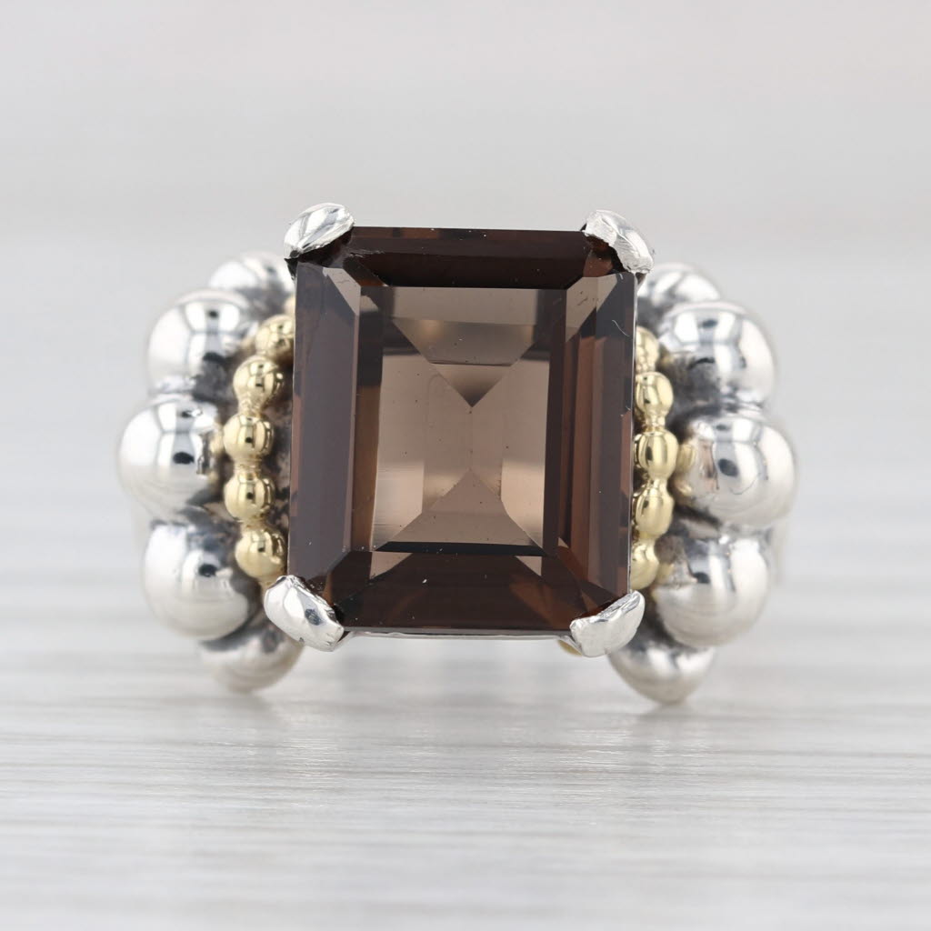 Lagos Caviar Smoky Quartz Ring Sterling Silver 18k Gold Size 6 Solitaire
