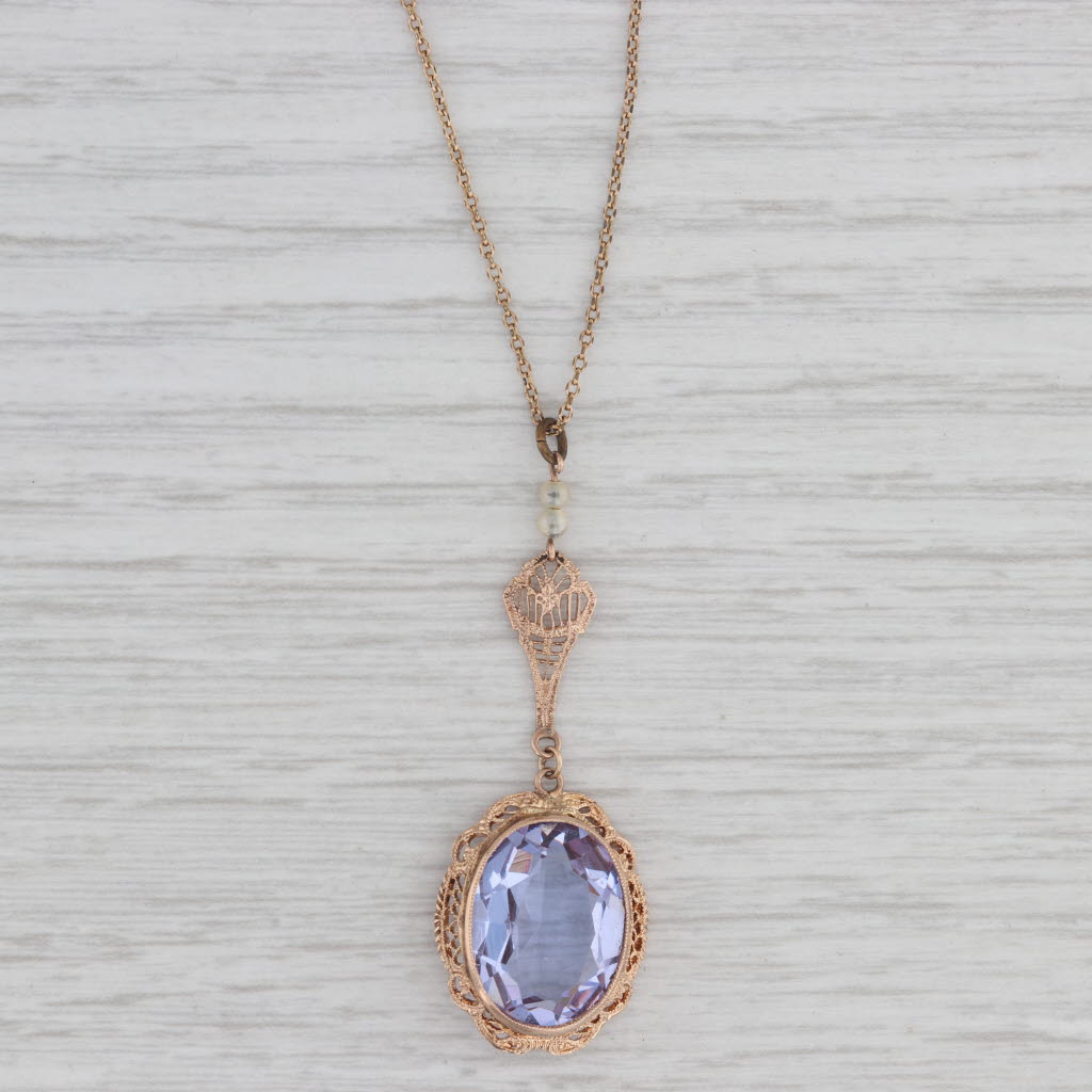 Gray Antique Purple Glass Lavalier Filigree Pendant Necklace 10k Gold 19" Chain