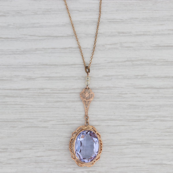 Antique Purple Glass Lavalier Filigree Pendant Necklace 10k Gold 19" Chain