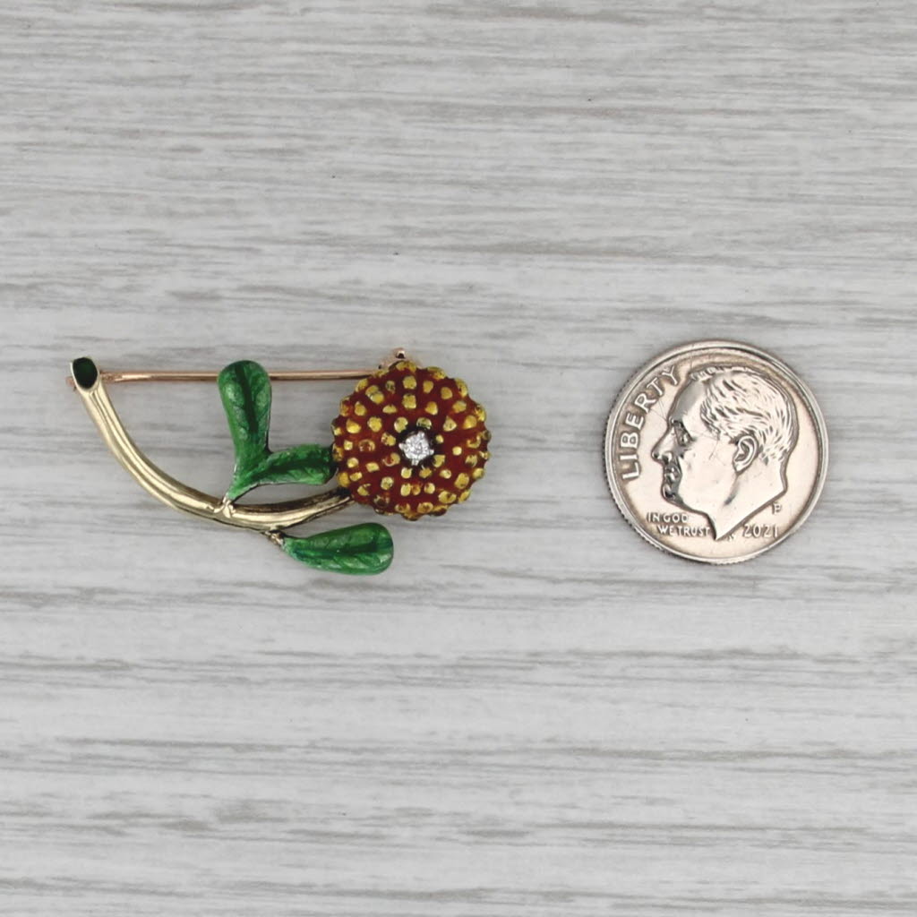Vintage Diamond Flower Brooch 14k Yellow Gold Enamel Floral Pin
