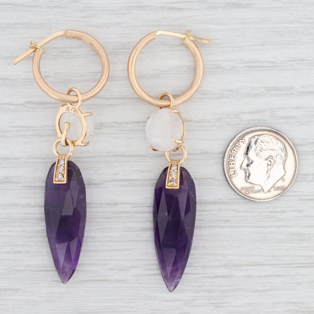 New Nina Wynn Hoop Earrings 18k Yellow Gold Amethyst Moonstone Diamond Charms