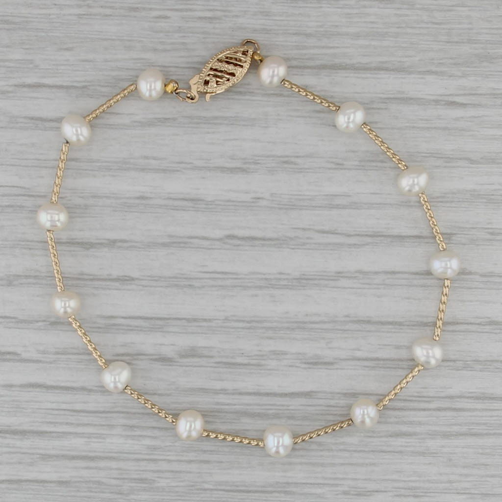 Cultured Pearl Bead Station Bar Bracelet 14k Yellow Gold 7.5"