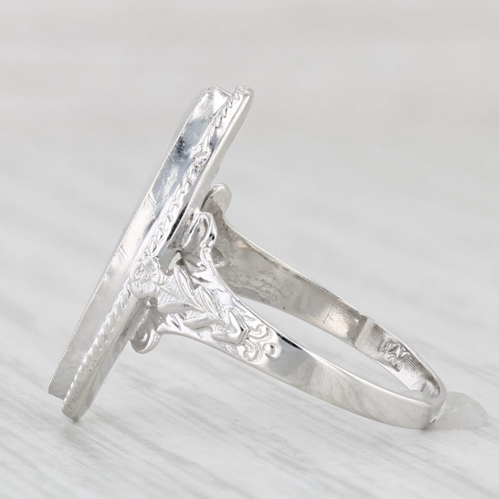 Light Gray Vintage Frosted Camphor Glass Ring 14k White Gold Size 5 Diamond Accent