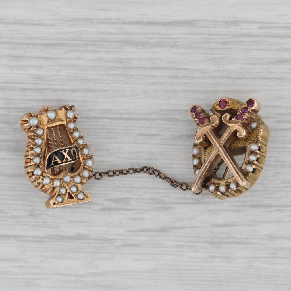 Gray Vintage Alpha Chi Omega Theta Chi Sweetheart Badge Set 14k Gold Pearl Pins