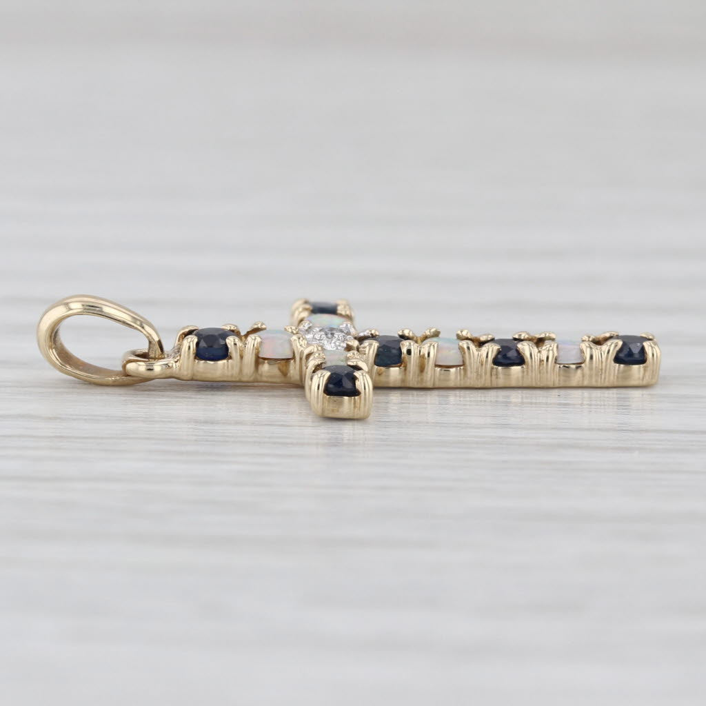 0.52ctw Sapphire Opal Diamond Cross Pendant 10k Yellow Gold
