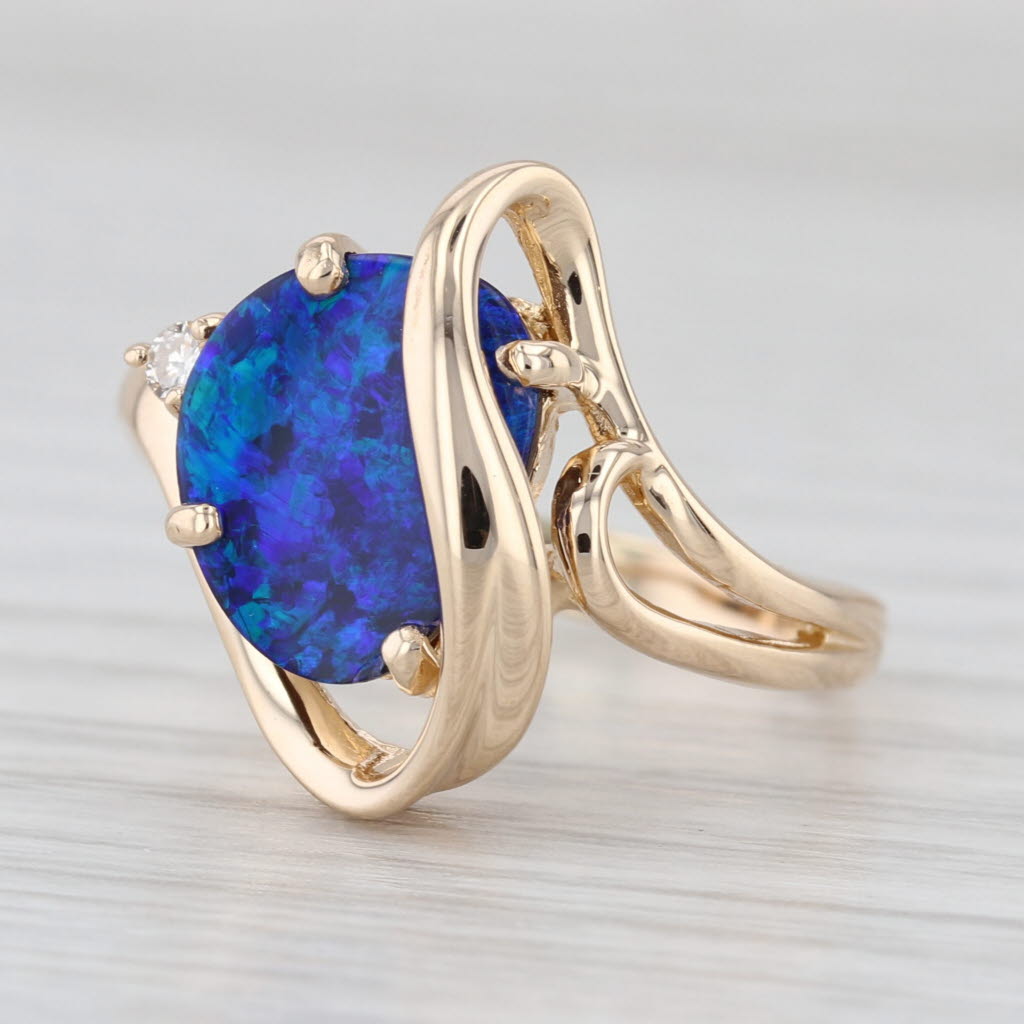 Blue Opal Triplet Diamond Bypass Ring 14k Yellow Gold Size 7.5