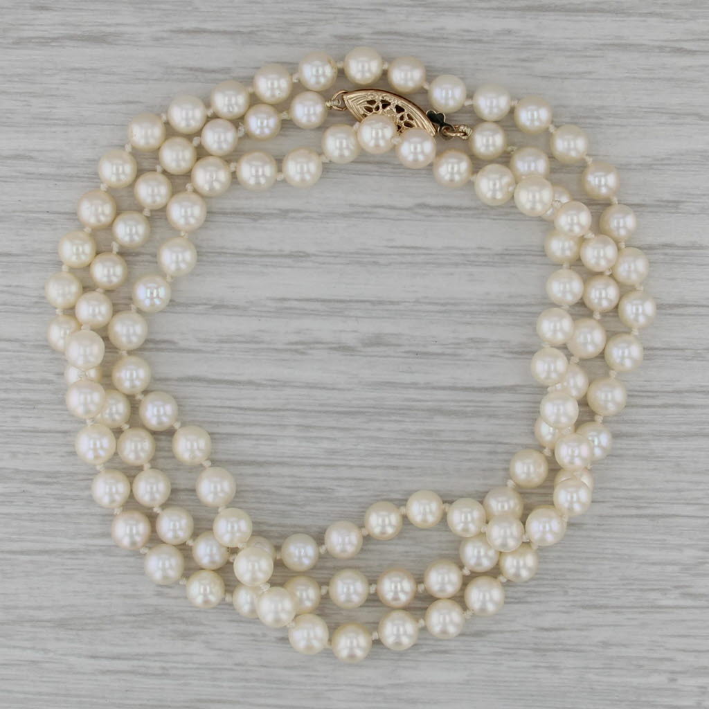 Vintage Cultured Pearl Single Strand Necklace 14k Gold 27" 5.1-5.4mm