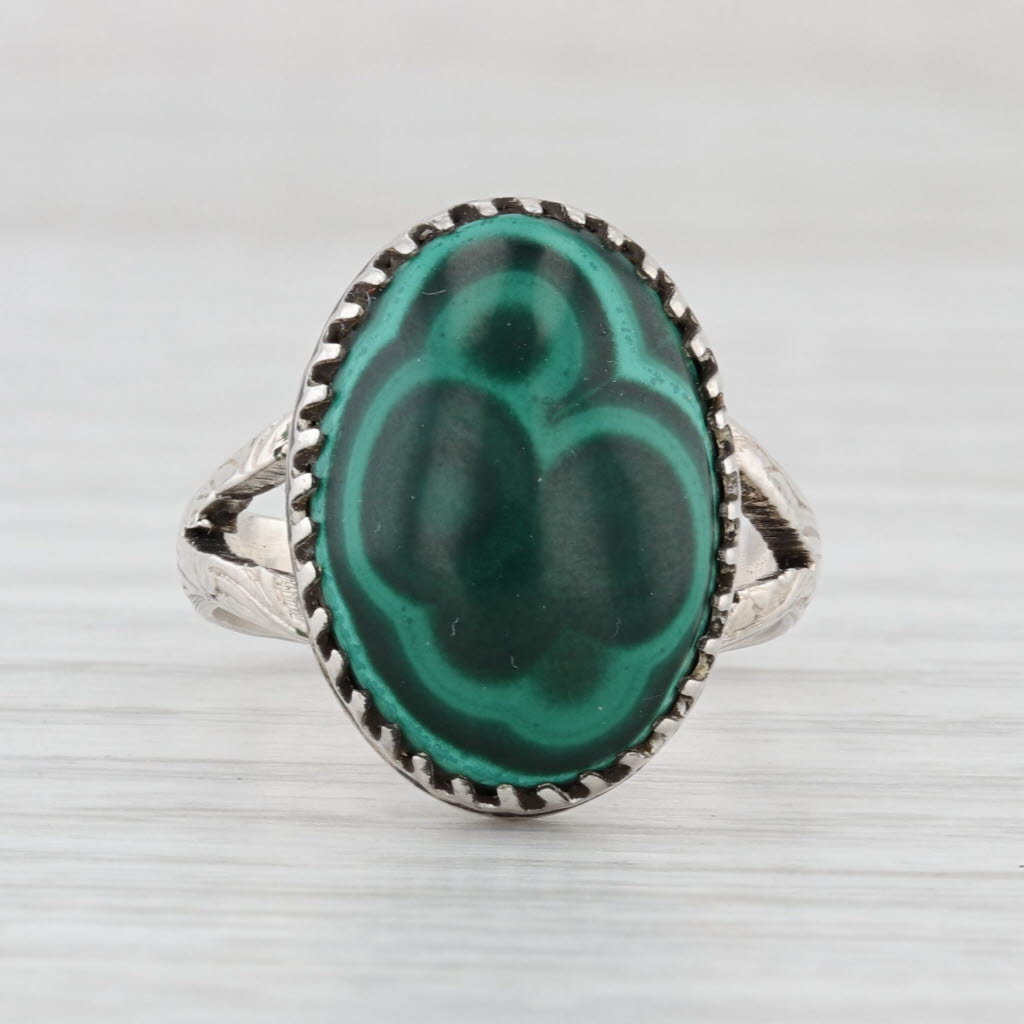 Vintage JH Native American Malachite Ring Sterling Silver Green Oval Cabochon