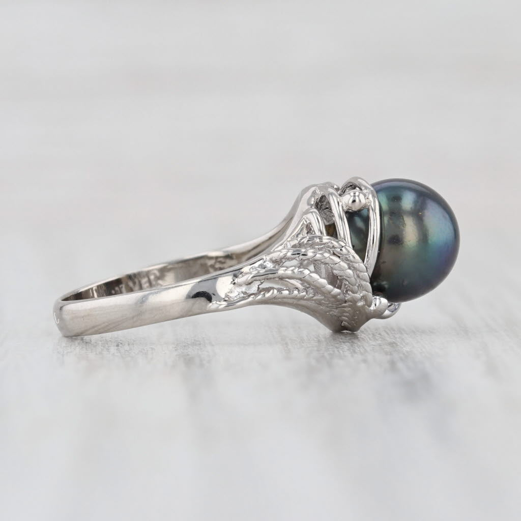 Cultured Black Pearl Solitaire Ring Silver Size 5 Openwork Band