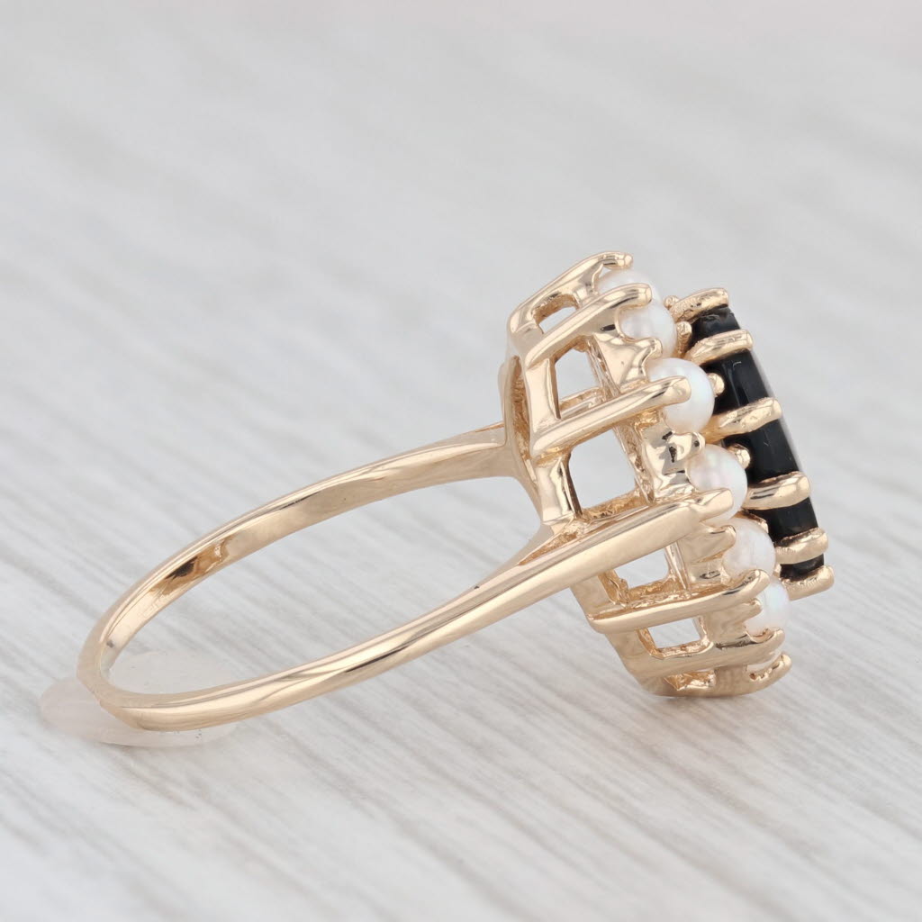 Light Gray Pear Onyx Pearl Halo Ring 14k Yellow Gold Size 5.5