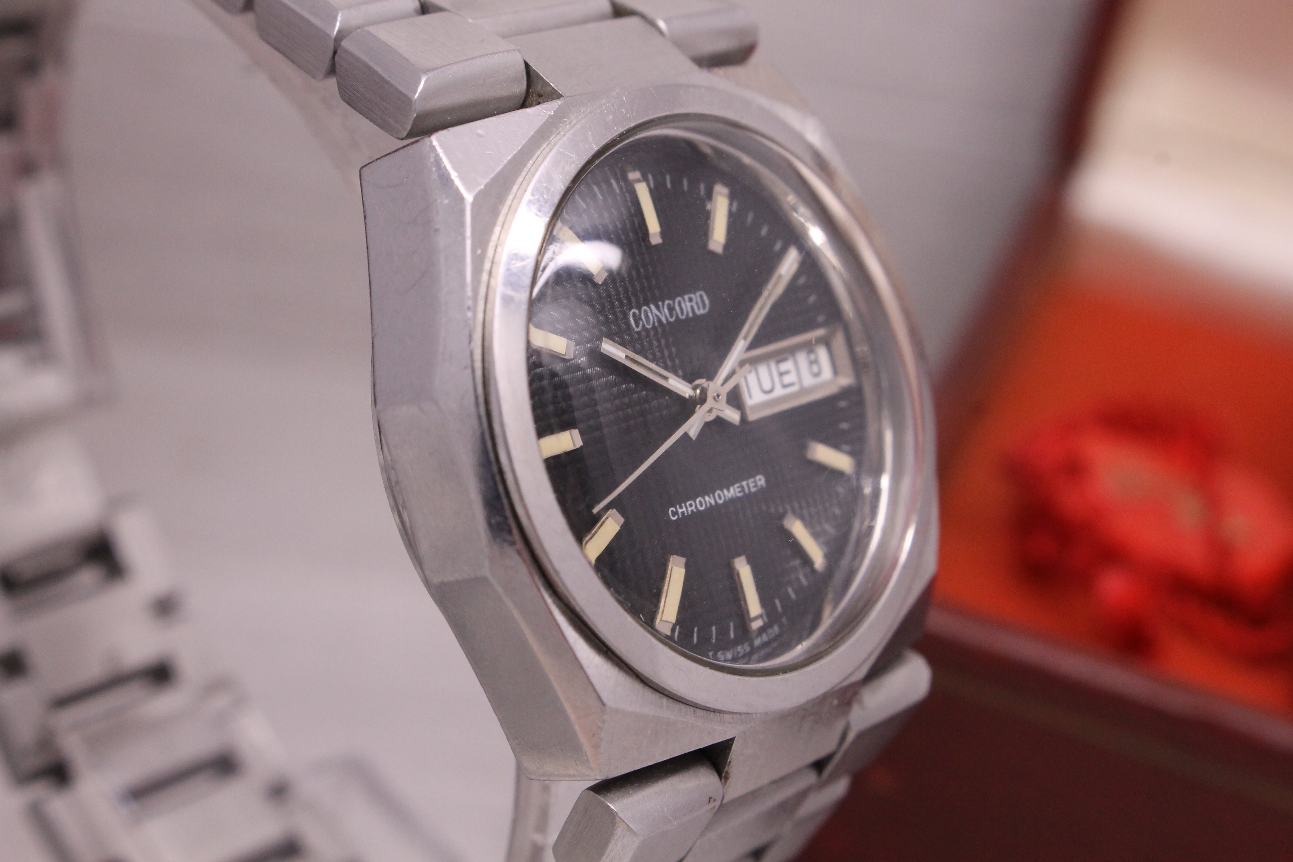 Rosy Brown Vintage 1970's Concord Chronometer Mens Steel Integrated Sport Watch w Box COSC