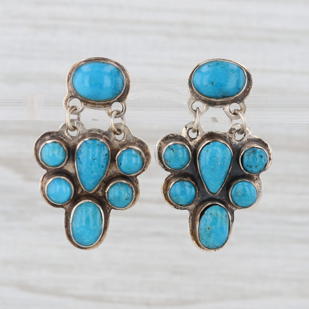 Vintage Southwestern Stabilized Turquoise Cluster Drop Earrings Sterling Silver