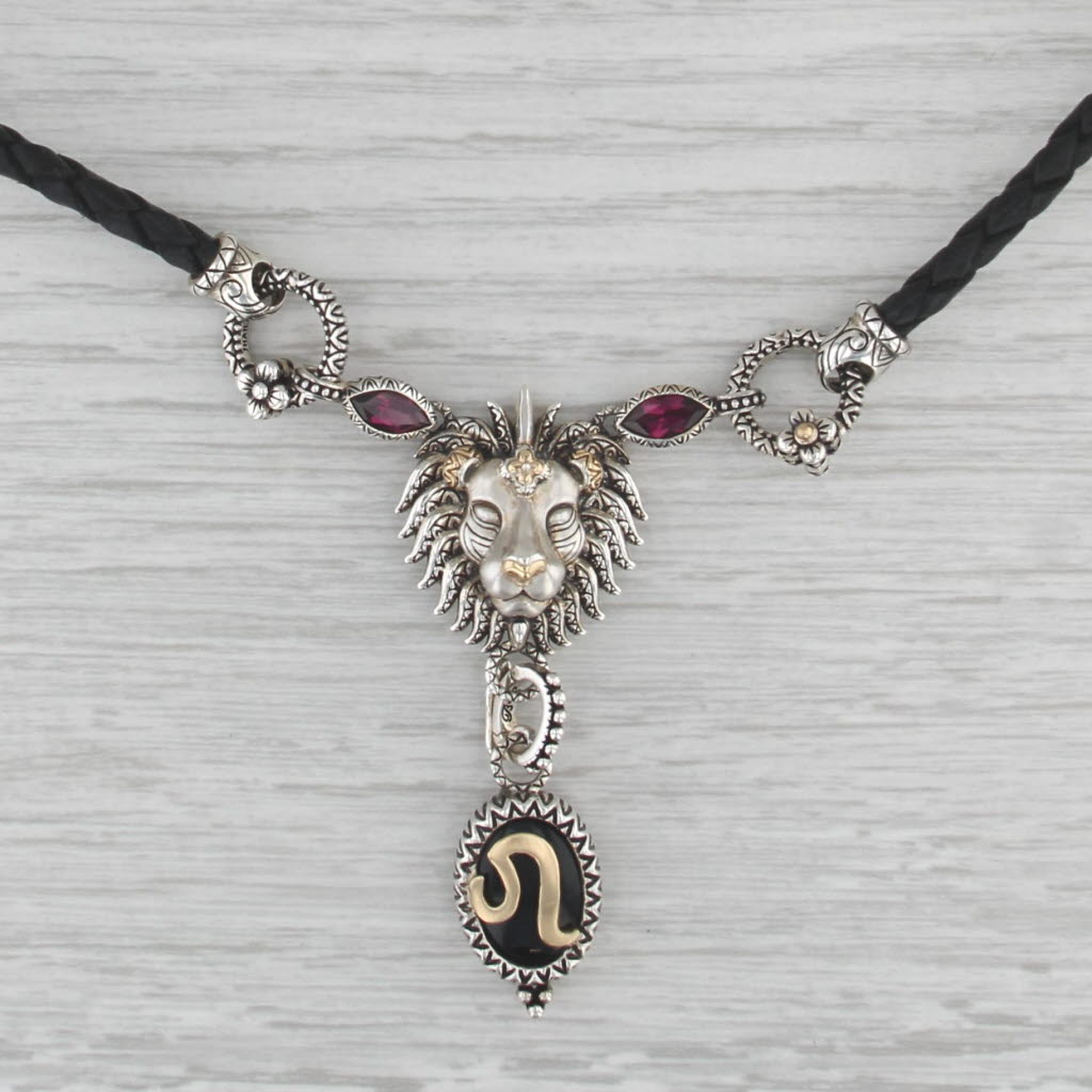 Bixby Onyx Zodiac Sign Leo Lion Pendant Necklace Sterling Silver 18k Gold Cord