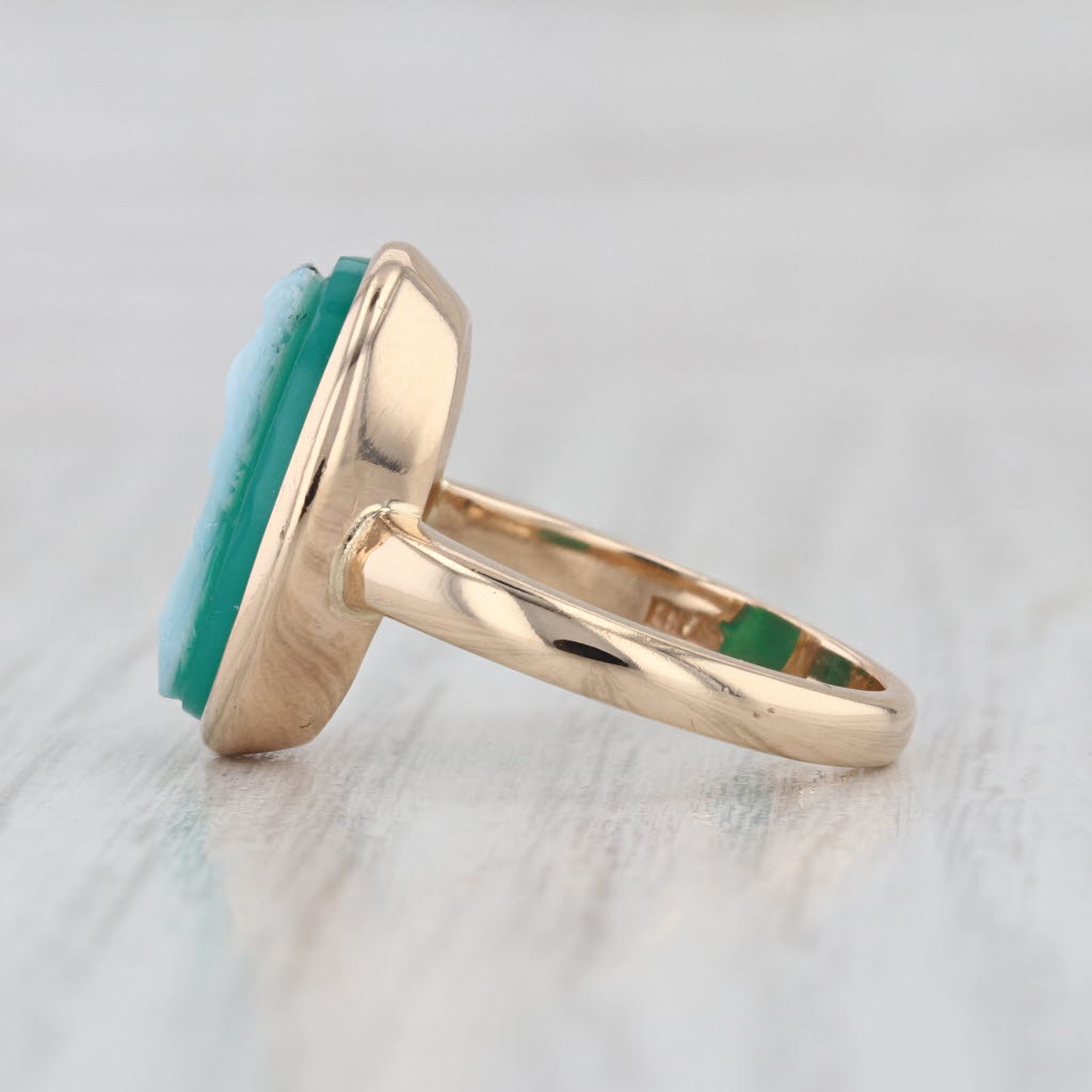 Vintage Church & Co Carved Glass Cameo Ring 14k Yellow Gold Size 6 Green White