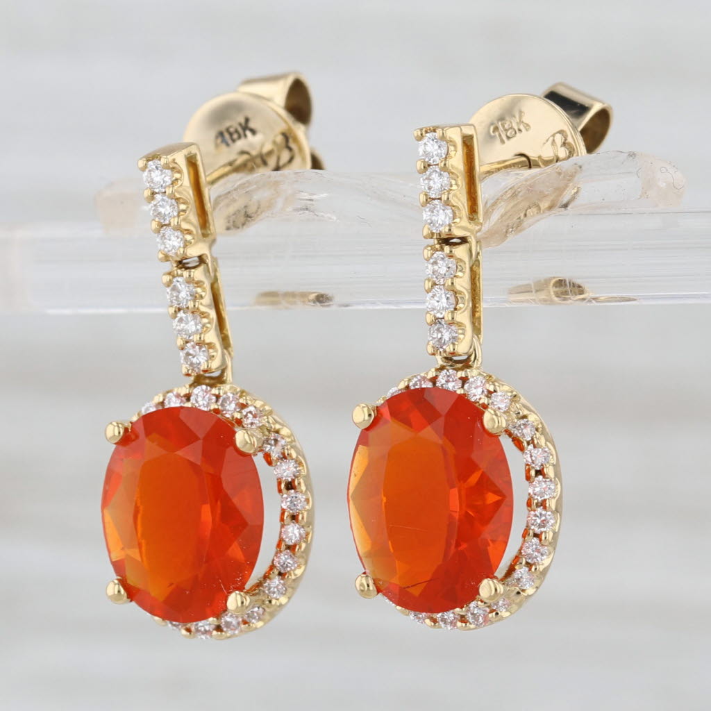2.65ctw Fire Opal Diamond Halo Drop Earrings 18k Yellow Gold Dangles