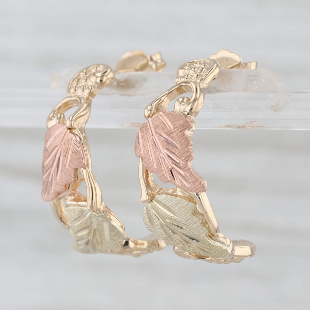 Black Hills Gold Half Hoop Earrings 10k Yellow Green Rose Gold Floral Leaf Motif