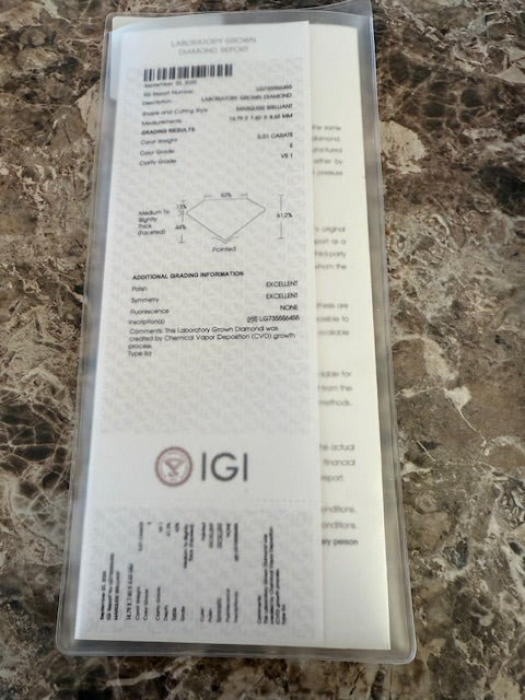 New IGI 3.54ctw Lab Grown Diamond Marquise Engagement Ring 14k Gold Size 6.5