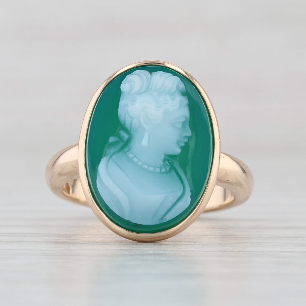 Vintage Church & Co Carved Glass Cameo Ring 14k Yellow Gold Size 6 Green White