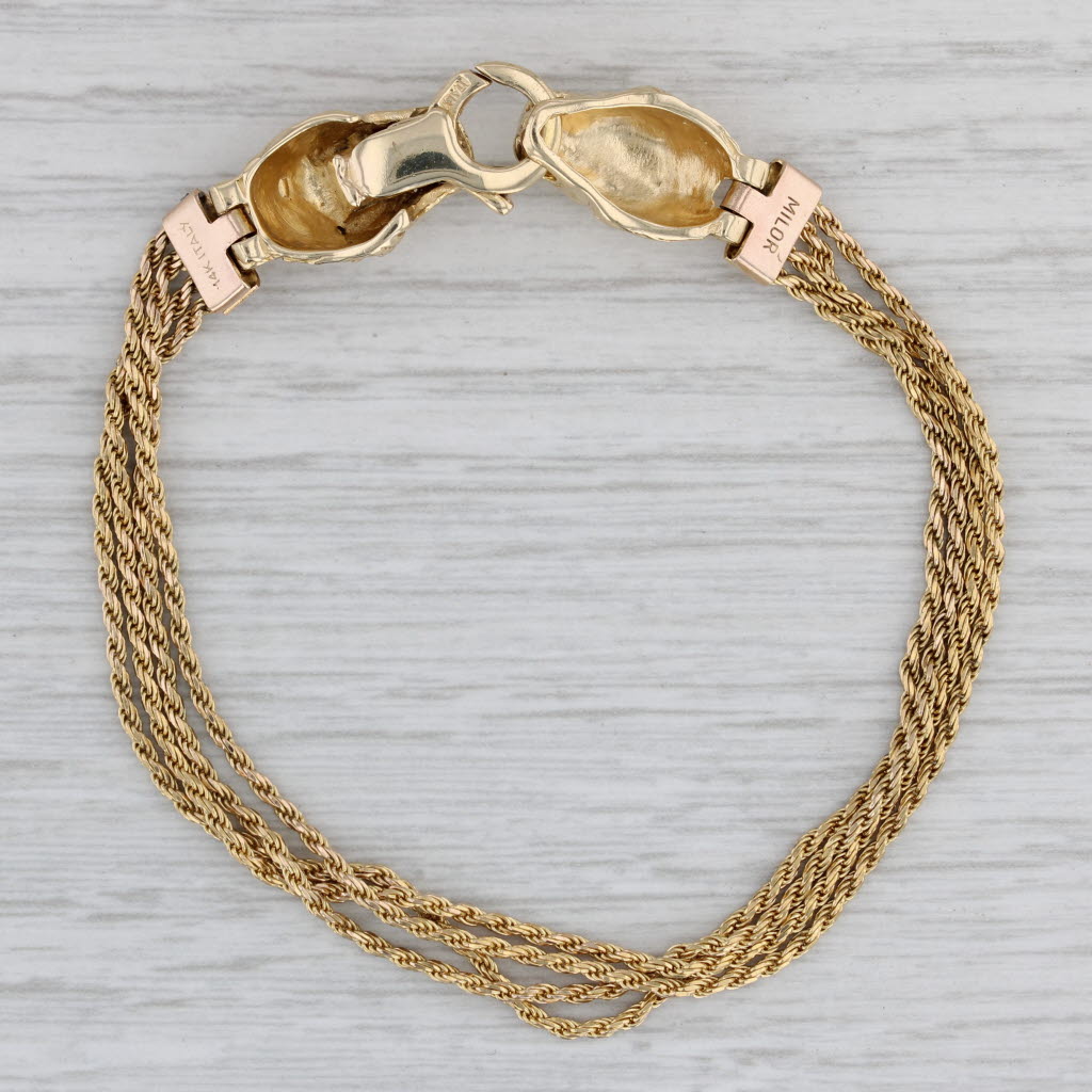 Gray Lion Heads Rope Chains Bracelet 14k Yellow Gold 7" Multistrand Statement