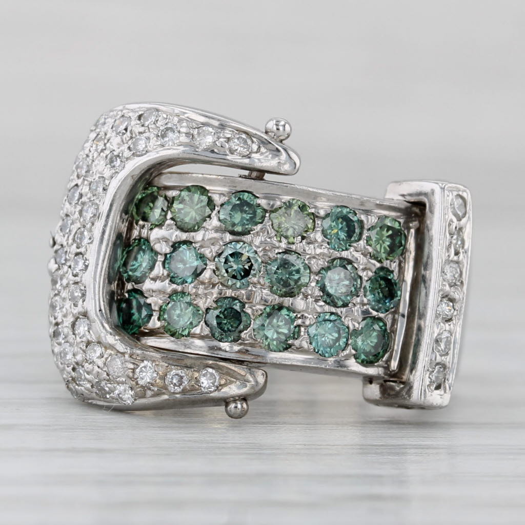 Gray 1.44ctw Green White Diamond Belt Buckle Ring 14k White Gold Size 6 Cocktail