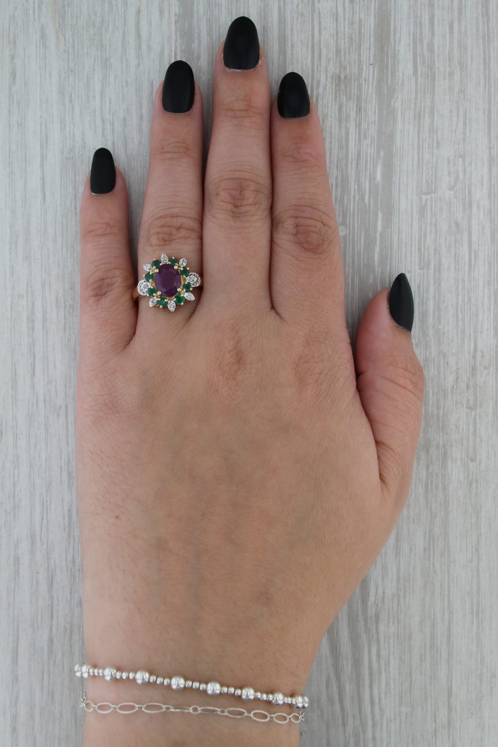 Ruby Emerald Diamond Halo Ring 14k Yellow Gold Size 8.25 Cocktail