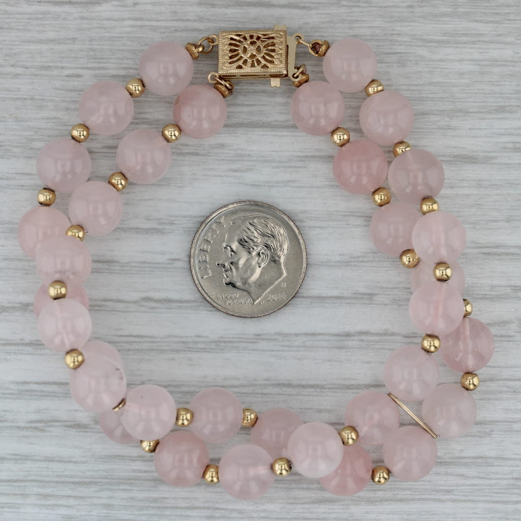 Dark Gray Rose Quartz Double Bead Strand Bracelet 14k Yellow Gold 6.75"