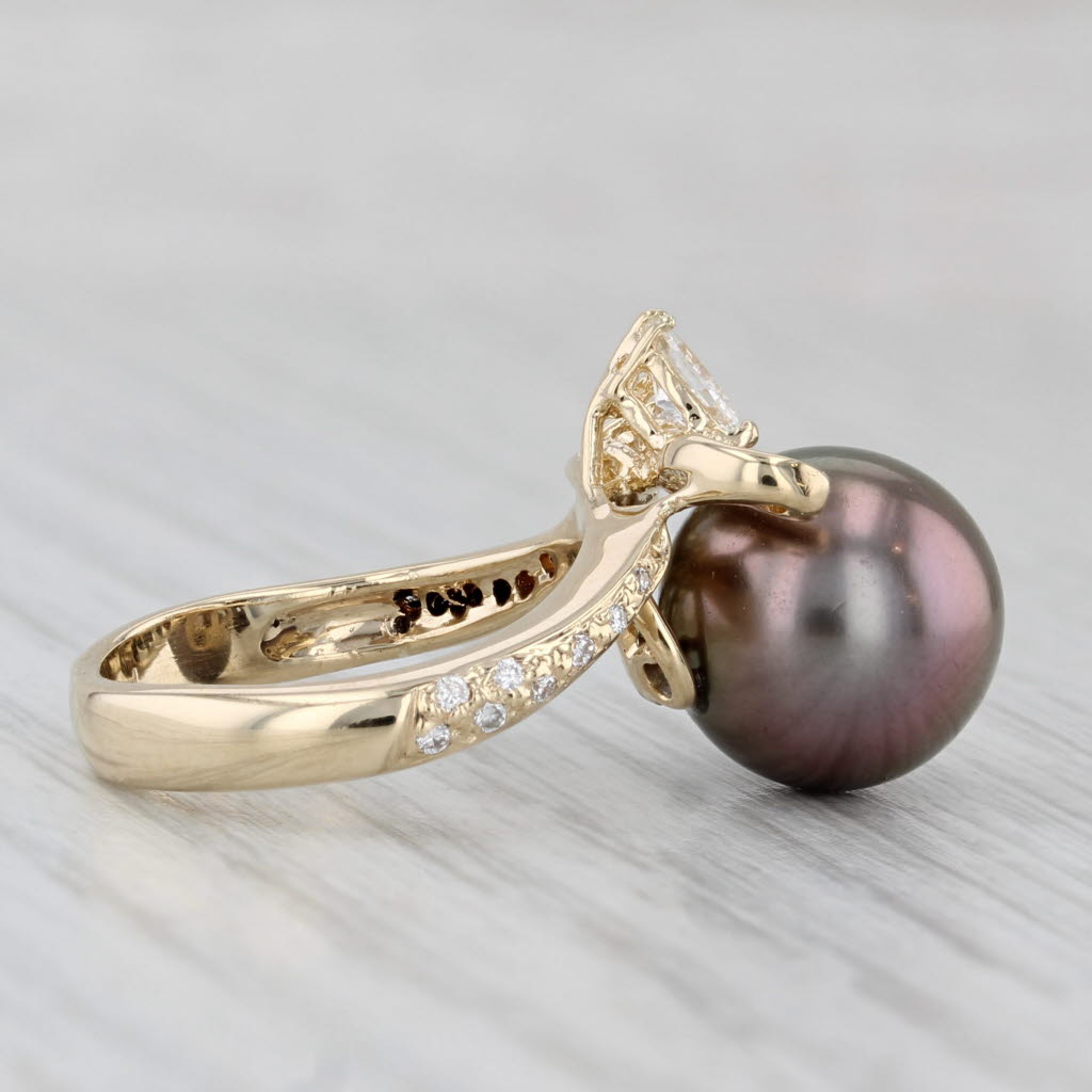 Gray Cultured Black Pearl 0.26ctw Diamond Ring 14k Yellow Gold Size 4