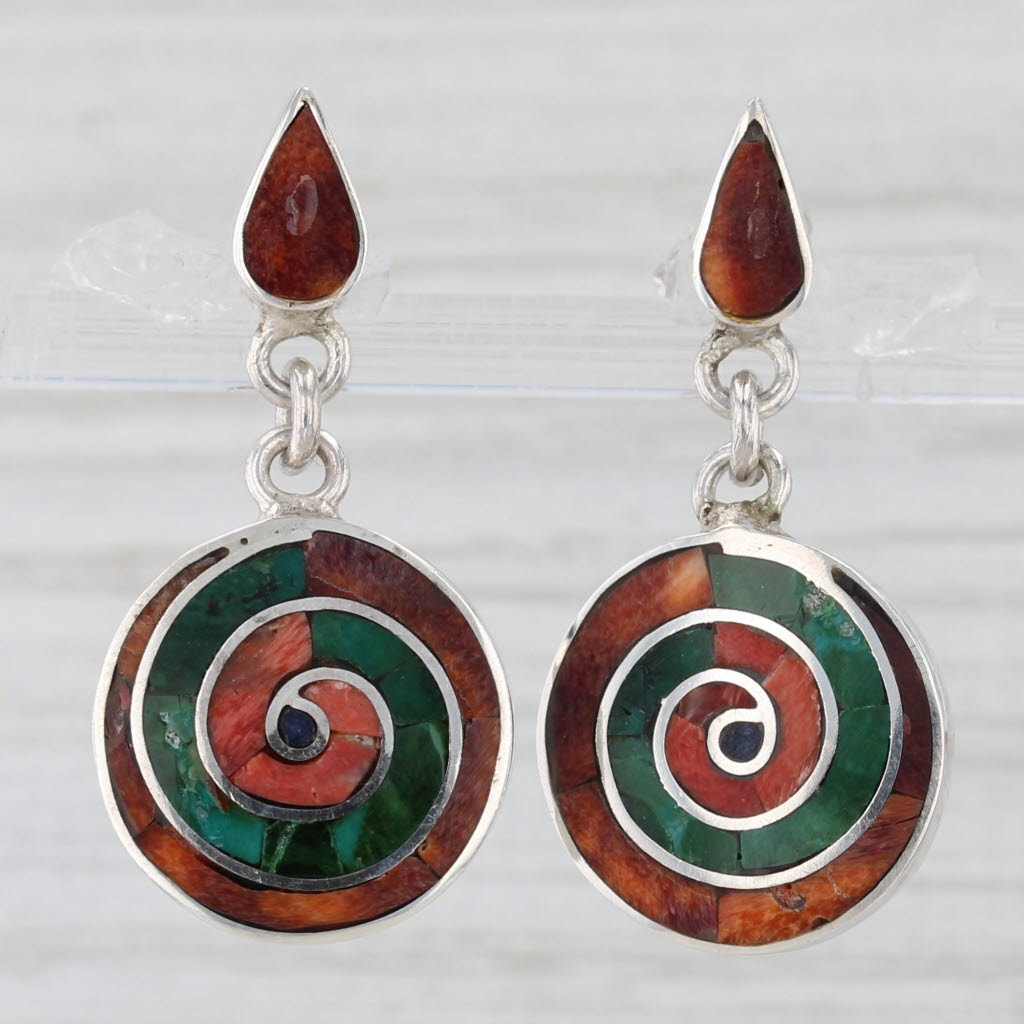 Light Gray Pachamama Colorful Mosaic Swirl Dangle Earrings 950 Silver Pierced Drops