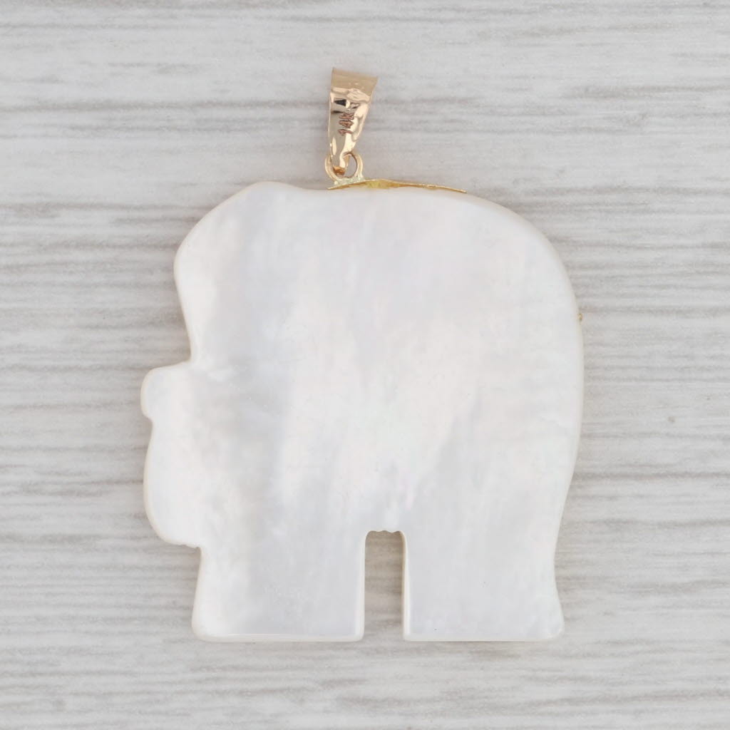 Light Gray Mother of Pearl Elephant Pendant 14k Yellow Gold Chinese Calligraphy Good Luck