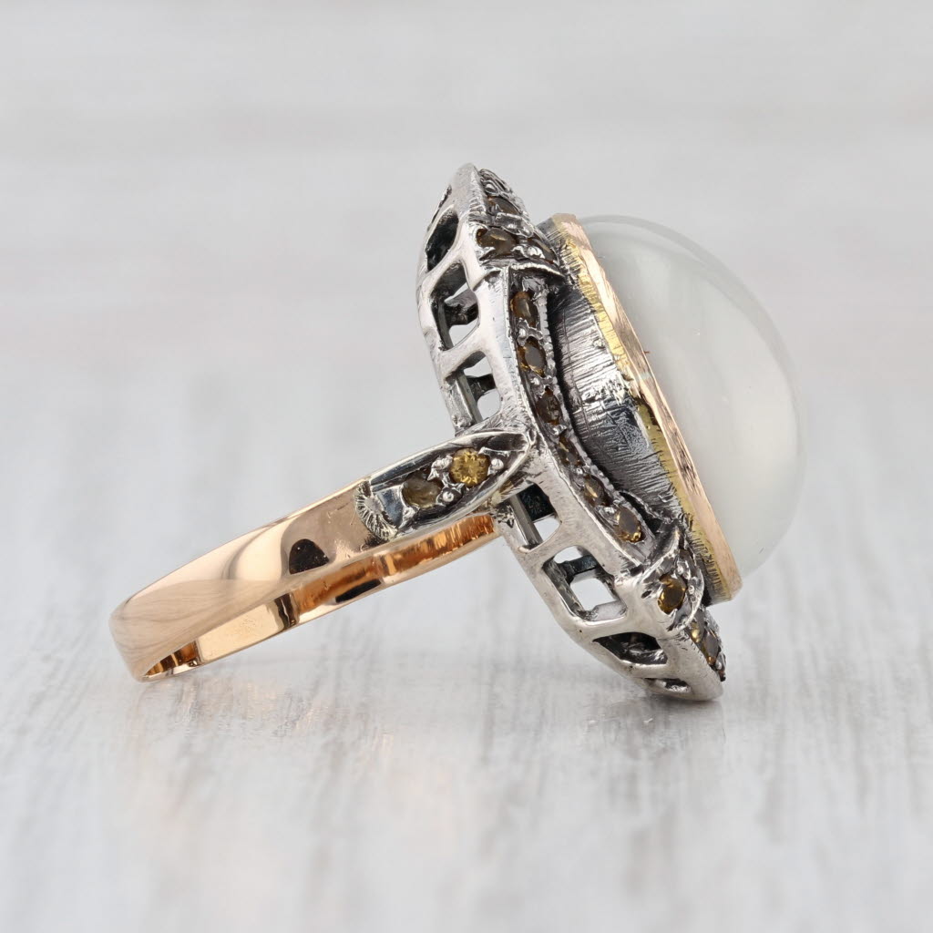 Vintage Cats Eye Moonstone Cabochon Citrine Halo Ring 18k Gold Silver Size 7.25