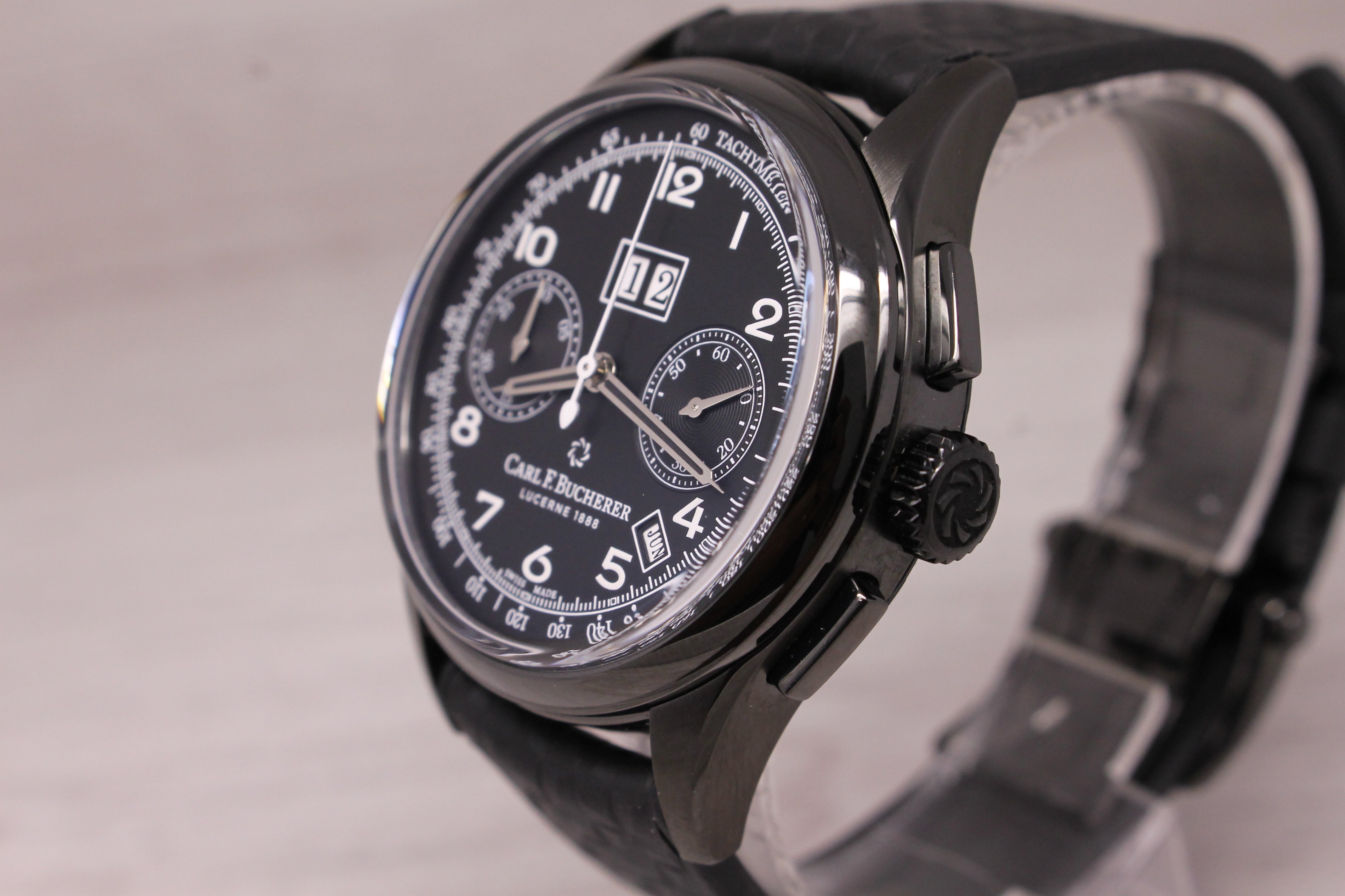 Dark Gray Carl Bucherer Mens BiCompax Chronograph Big Date DLC Coated 41mm Watch w Box