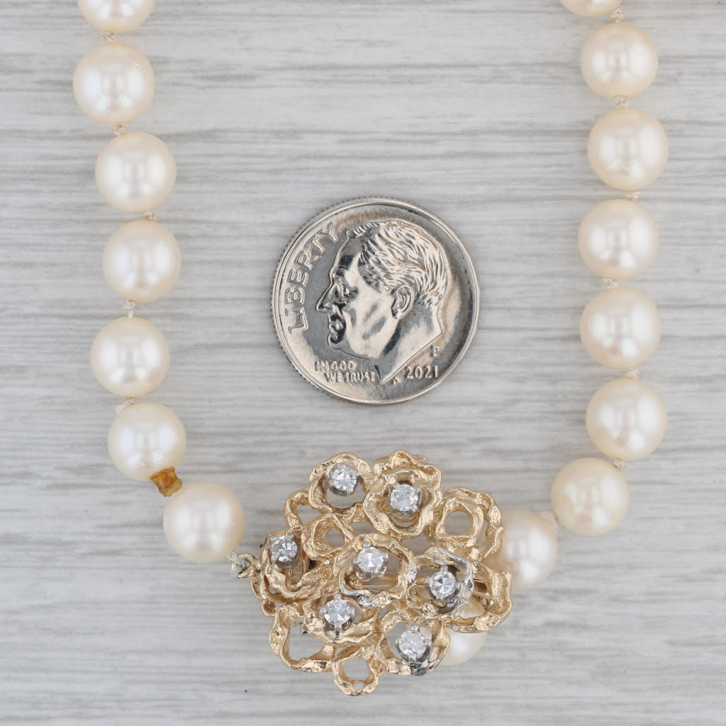 Gray 0.15ctw Diamond Flower Pendant Pearl Strand Necklace 14k Gold 33" Adjustable