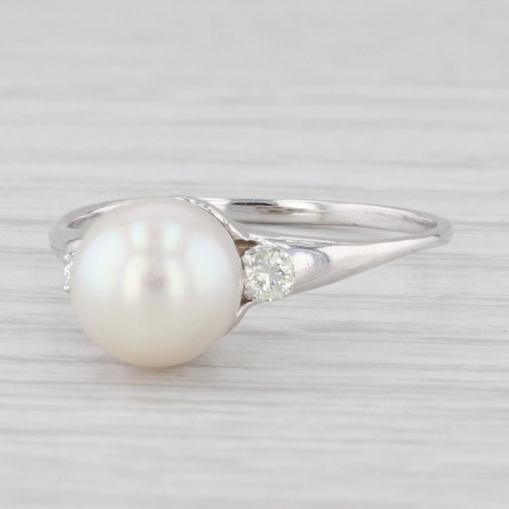 Light Gray Vintage Pearl Diamond 14K White Gold Size 9 Ring