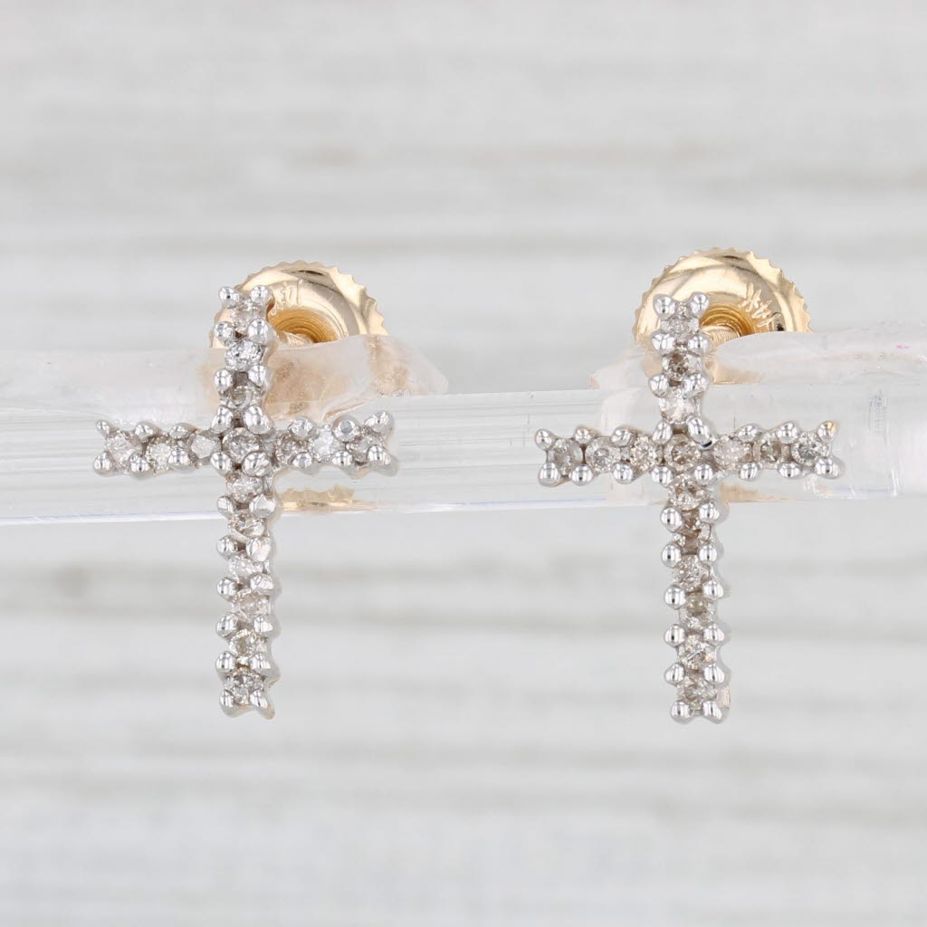 Light Gray 0.16ctw Diamond Cross Stud Earrings 10k 14k Yellow Gold Screw Back Pierced