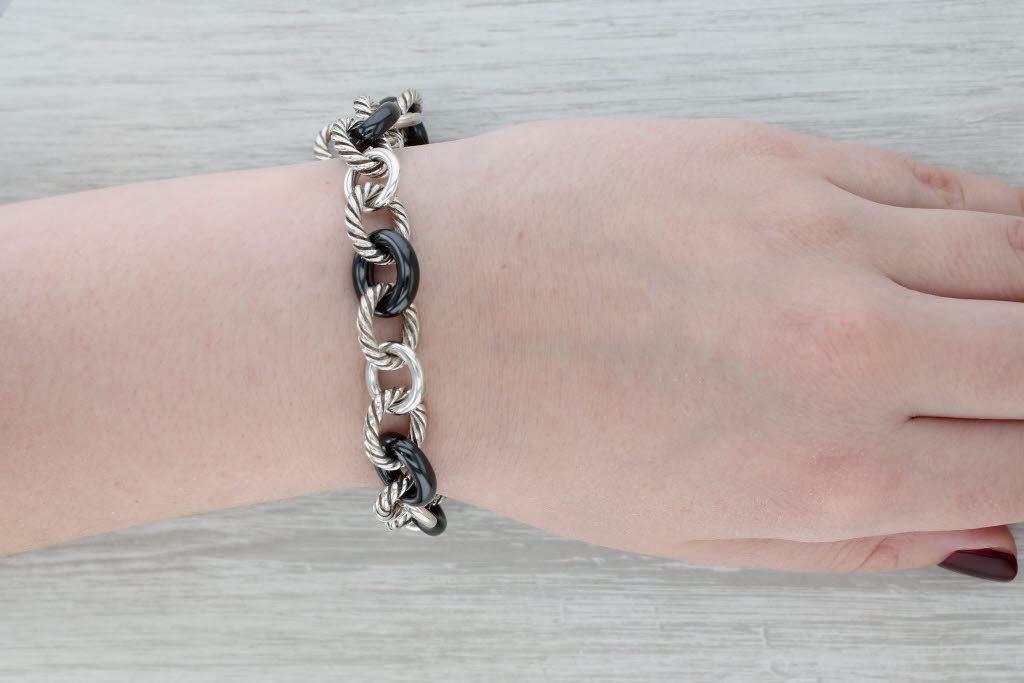 Gray David Yurman Ceramic Sterling Silver Cable Chain Bracelet 7" 13.3mm