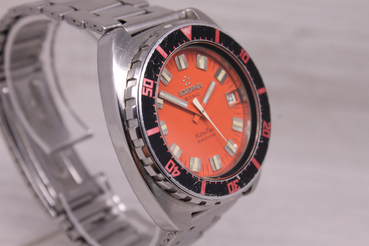 Vintage Eterna Sonic Kontiki Orange 41mm Steel Divers Watch Tuning Fork