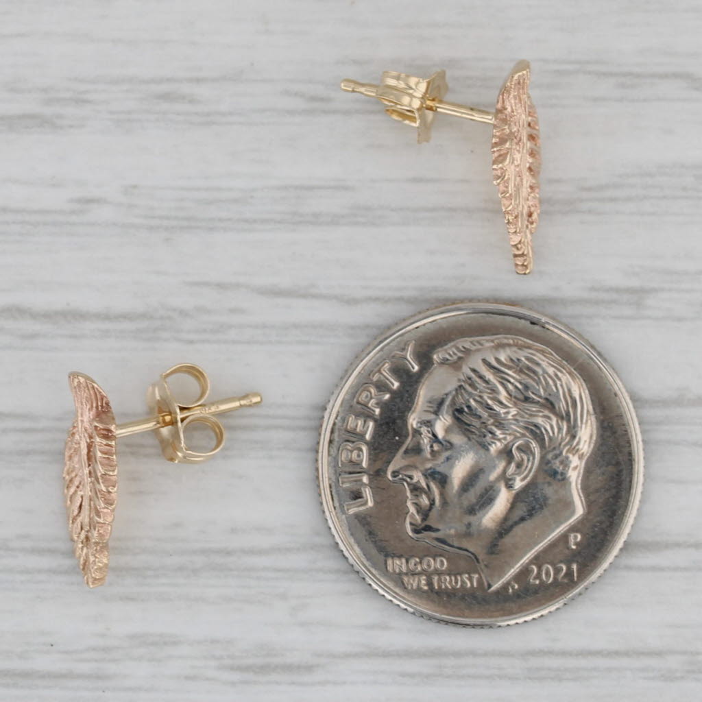 Gray Detailed Leaf Stud Earrings 14k Yellow Gold