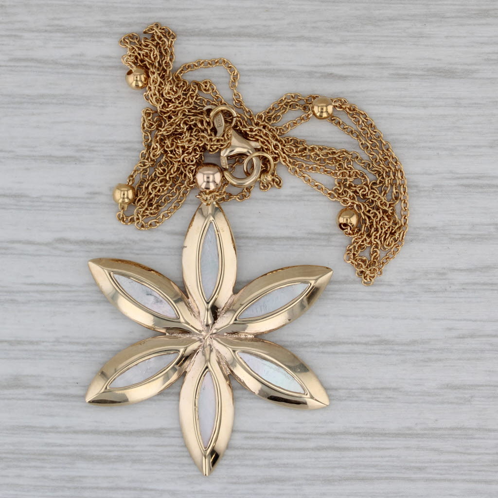 Gray Mother of Pearl Flower Pendant Bead Station Necklace 14k Yellow Gold 16.75"