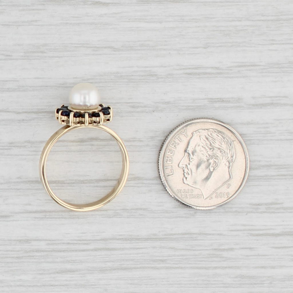 Light Gray Cultured Pearl Blue Sapphire Halo Ring 14k Yellow Gold Size 5
