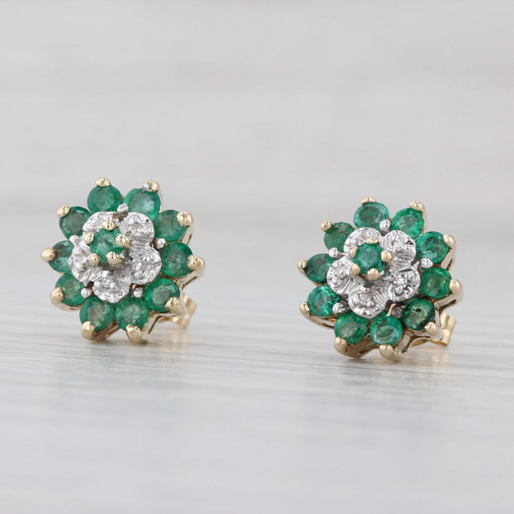 1.02ctw Emerald Diamond Stud Earrings 10k Yellow Gold Flower Studs