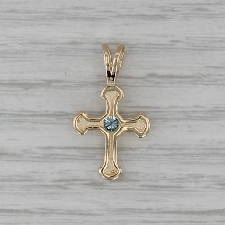 0.10ct Blue Diamond Cross Pendant 14k Yellow Gold Small Drop